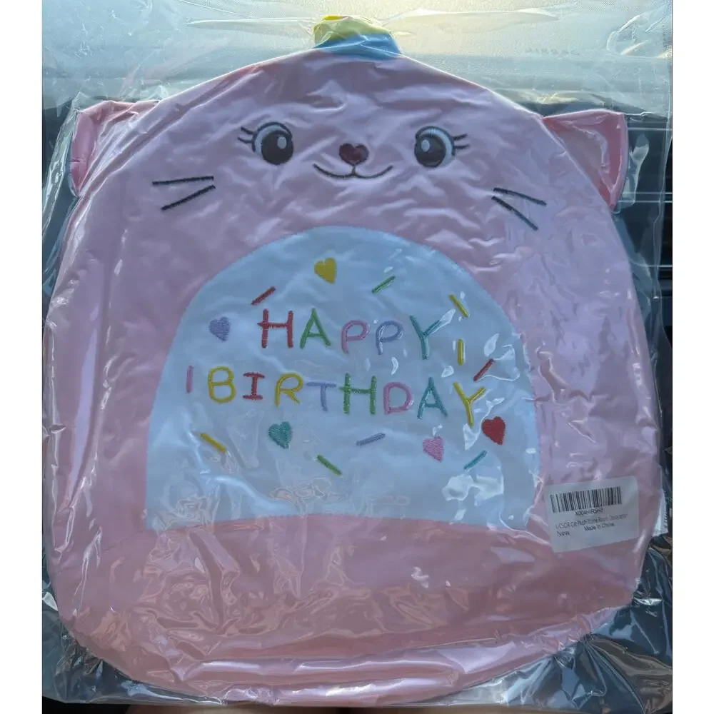 Cute Happy Birthday Pink Cat Plushie Pillow (New Sealed)